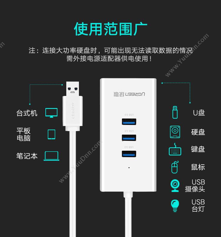 绿联 Ugreen 20260 USB3.0分线器 千兆有线网卡 3口USB3 白色 集线器