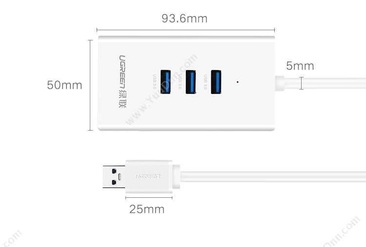 绿联 Ugreen 20260 USB3.0分线器 千兆有线网卡 3口USB3 白色 集线器